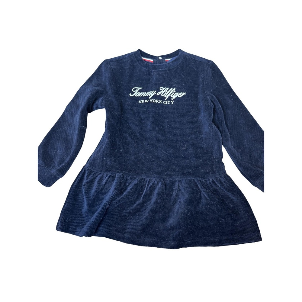 Tommy Hilfiger Dress Toddler Girls 24M Navy Corduroy Long Sleeve Ruffle Hem Logo